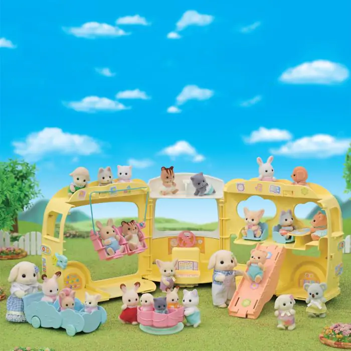 sylvanian families Rainbow Nursery School Bus With trampoline In Good  Condition