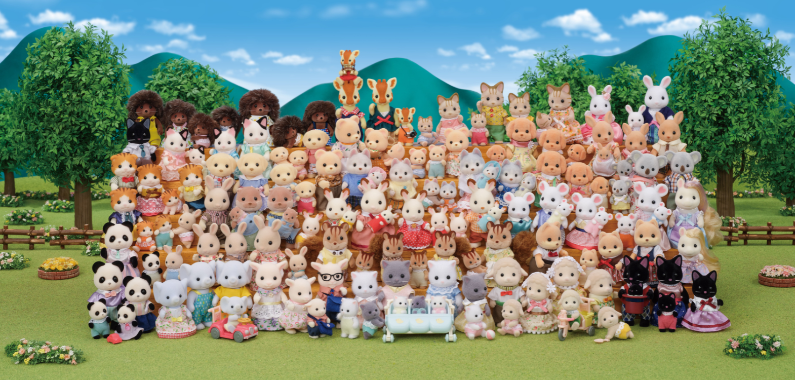 A group picture of many Calico Critters families